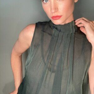 Akris Delicate Teal Sheer Silk Sleeveless Blouse ~ Moody Minimalism ~ Sz 10